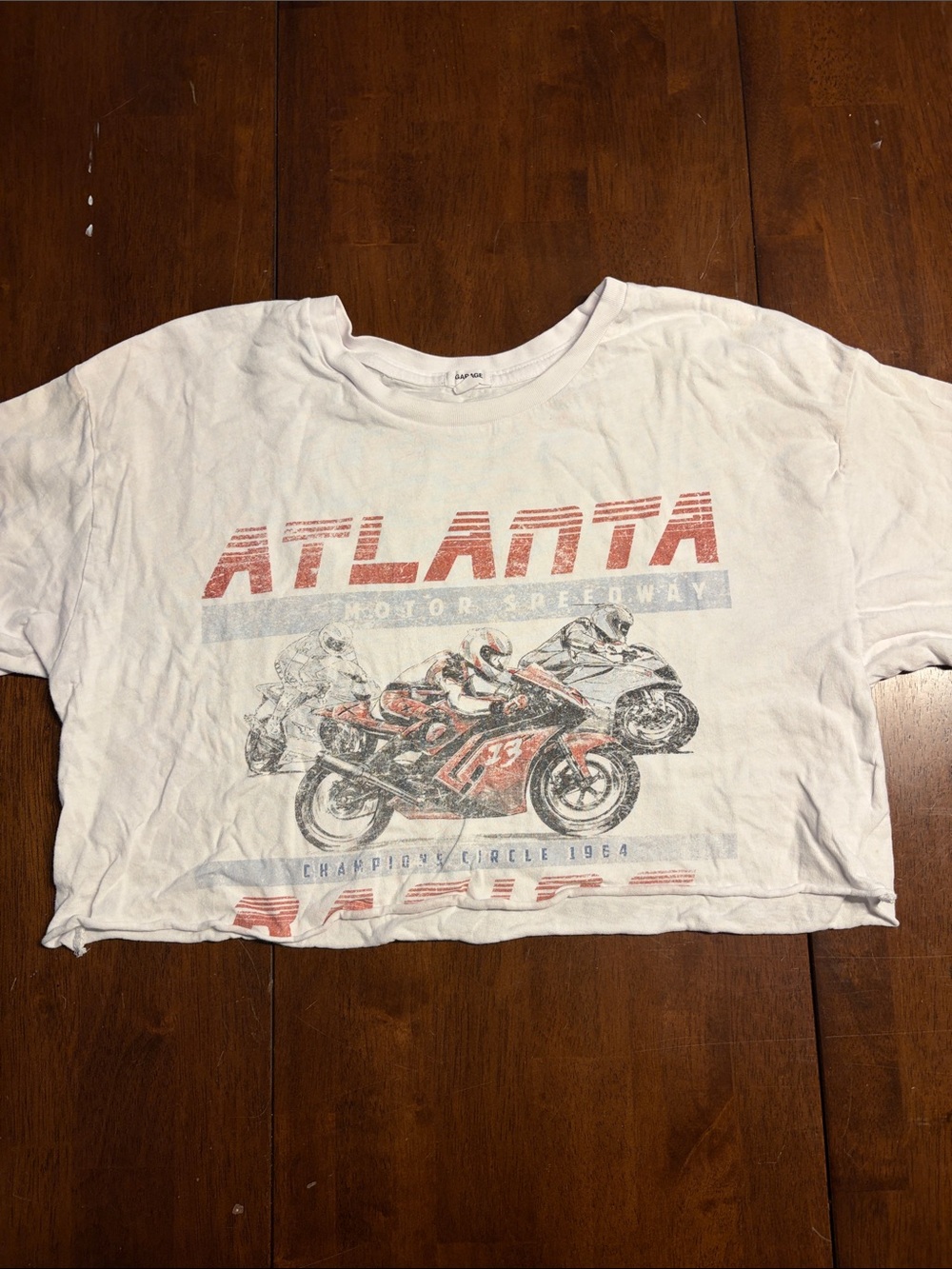 Garage White Cropped Tee with Red & Gray Motorcycle Graphic